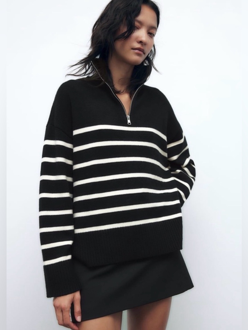 Zara Black And White Striped Half-Zip Sweater